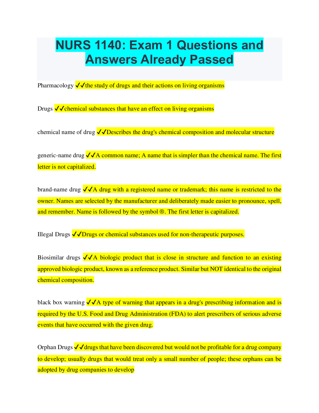 Preview of NURS 1140: Exam 1 Questions and Answers Already Passed
